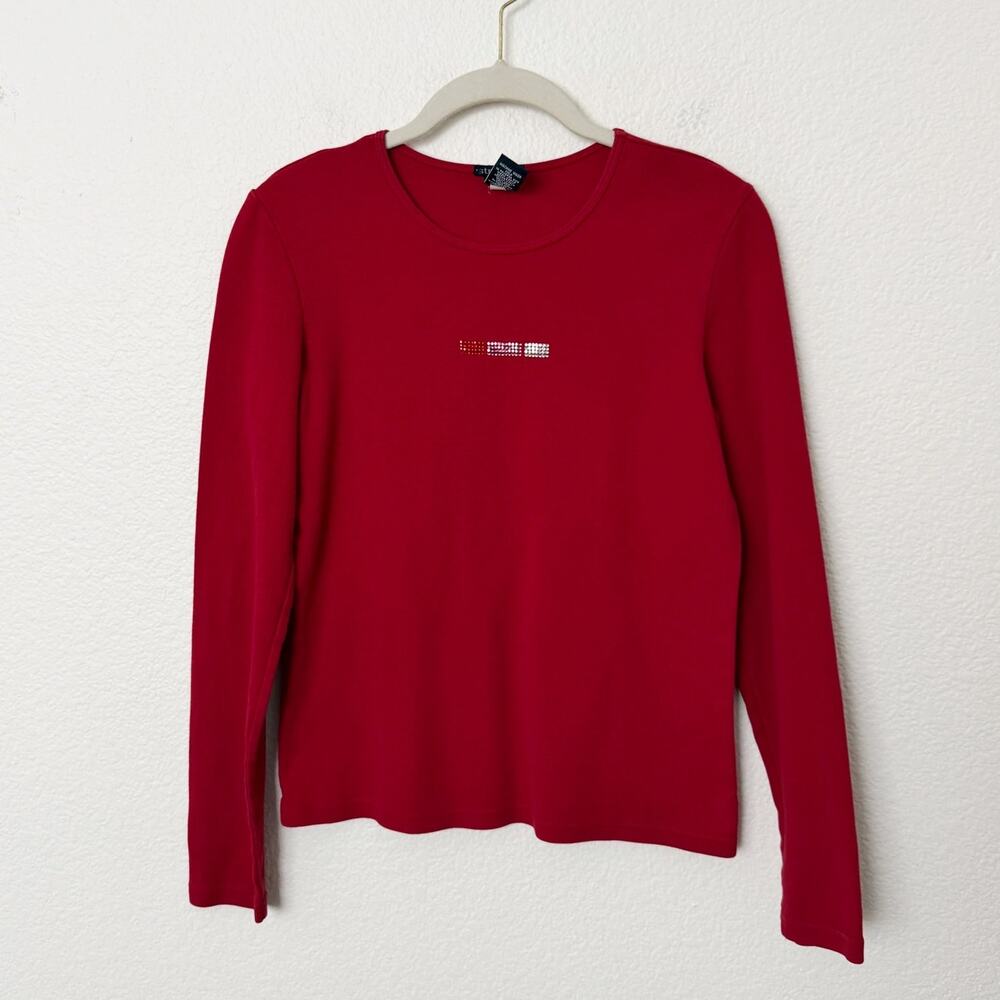 [Vintage] 90s Gap Red Stretch Cotton Long Sleeve T-Shirt Rhinestones Sz Medium M
